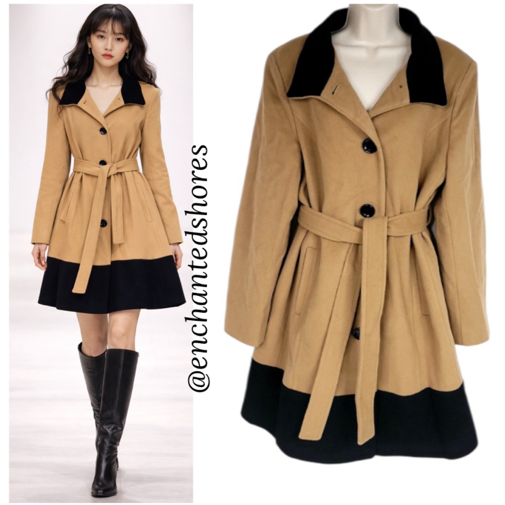 Vintage Cashmere Wool Coat Luxury Classic Two Tone Camel Tan Black Women Size Xl